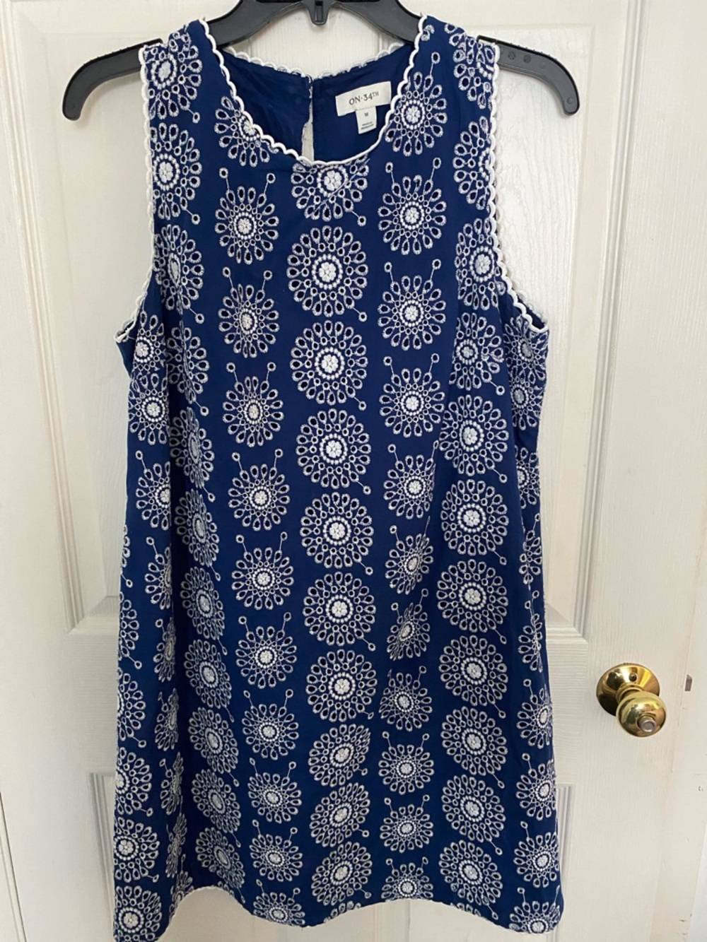 Navy Blue Sleeveless Shift Dress with White Medallion Embroidery